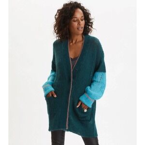 Odd Molly Knitted Soft Pursuit Snap Oversized‎ Mohair Cardigan in Blue/Teal Sz 1